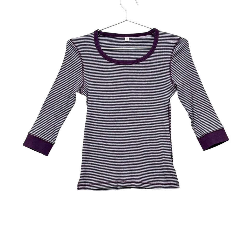 Uniqlo Striped Ribbed Top Womens Medium Purple 3/4 Sleeve Scoop Neck 242-057506